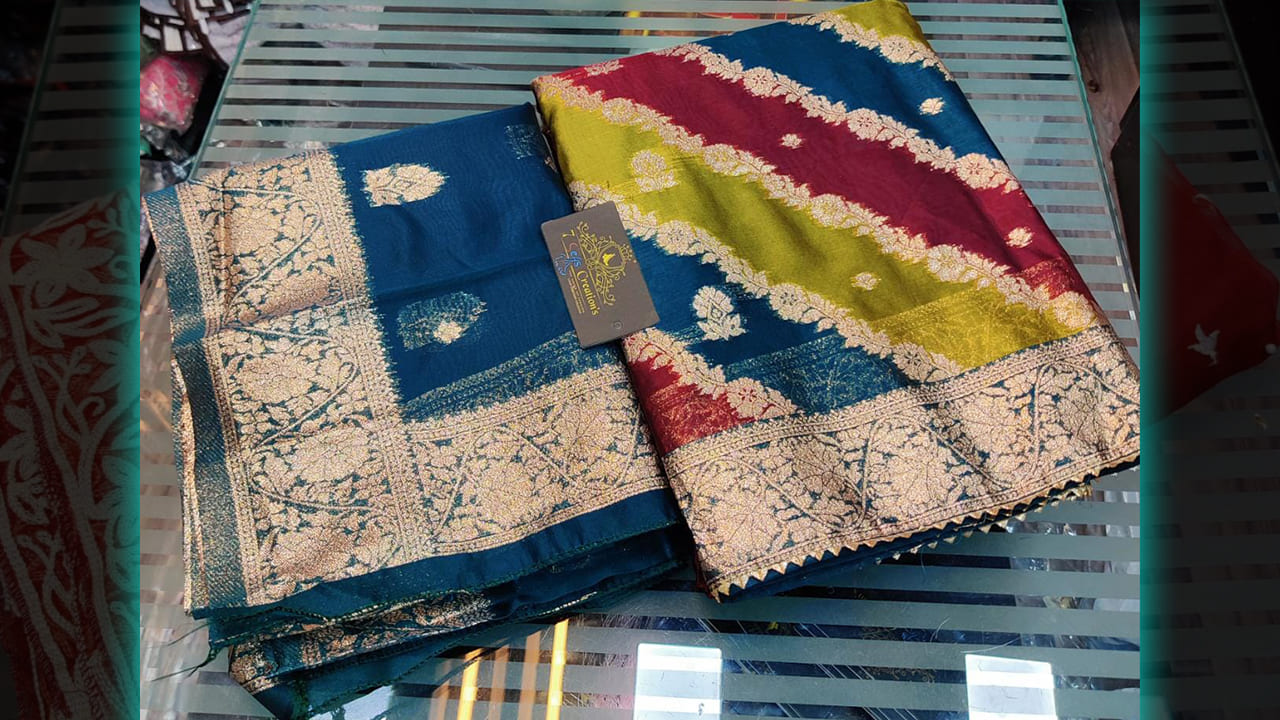 7 Seas Creation's Suits | Organza With Beautiful Multi-Colored Print & Weaving All Over