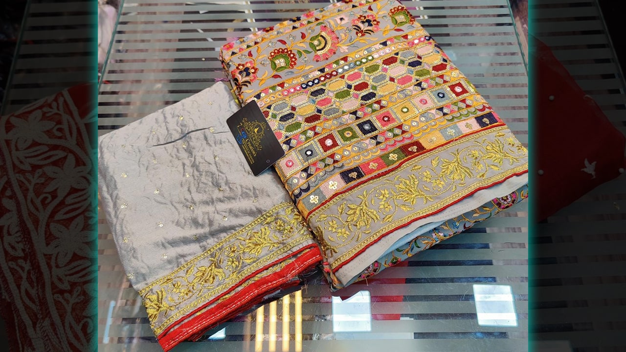 Georgette & Beautiful Heavy Multi-Colored 9 Thread Embroidery Work All Over