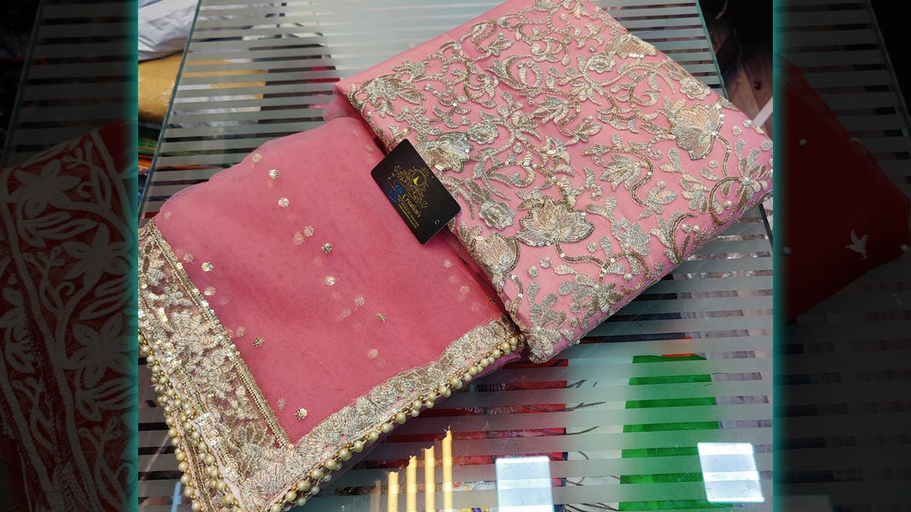 7 Seas Ladies Suits | Super Net Beautiful Heavy Embroidery Pearls & Sequence Work All Over