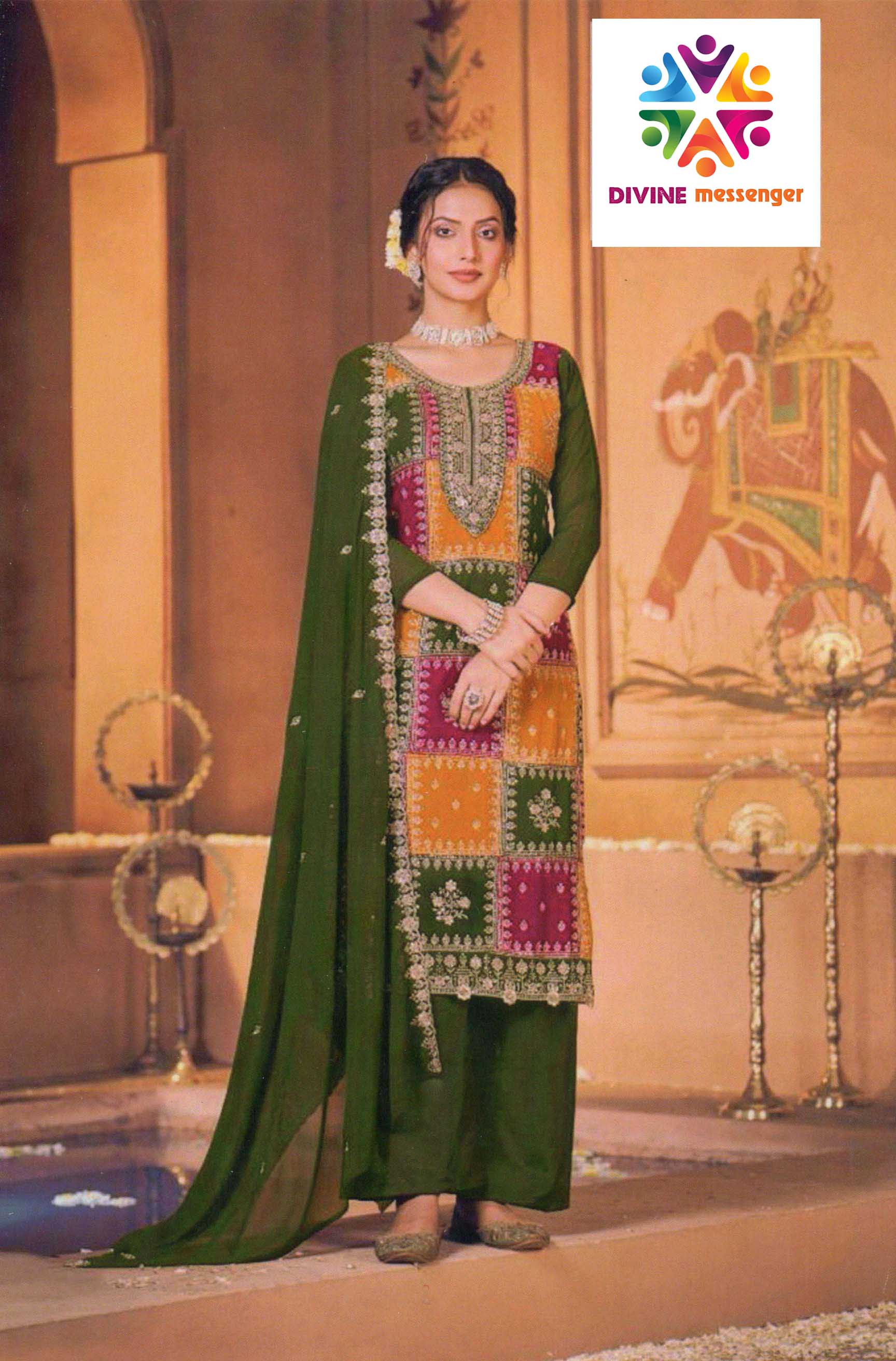 DIVINE MESSENGER Green Georgette  heavy sequins work Multi-colored stitching ladies suits