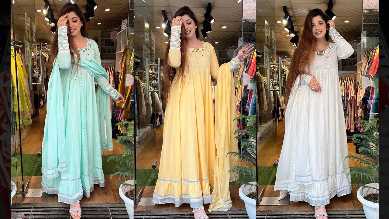 Divine Fab Ladies Suits | Beautiful Cotton Full Flared Anarkali Shirt With Mirror Work