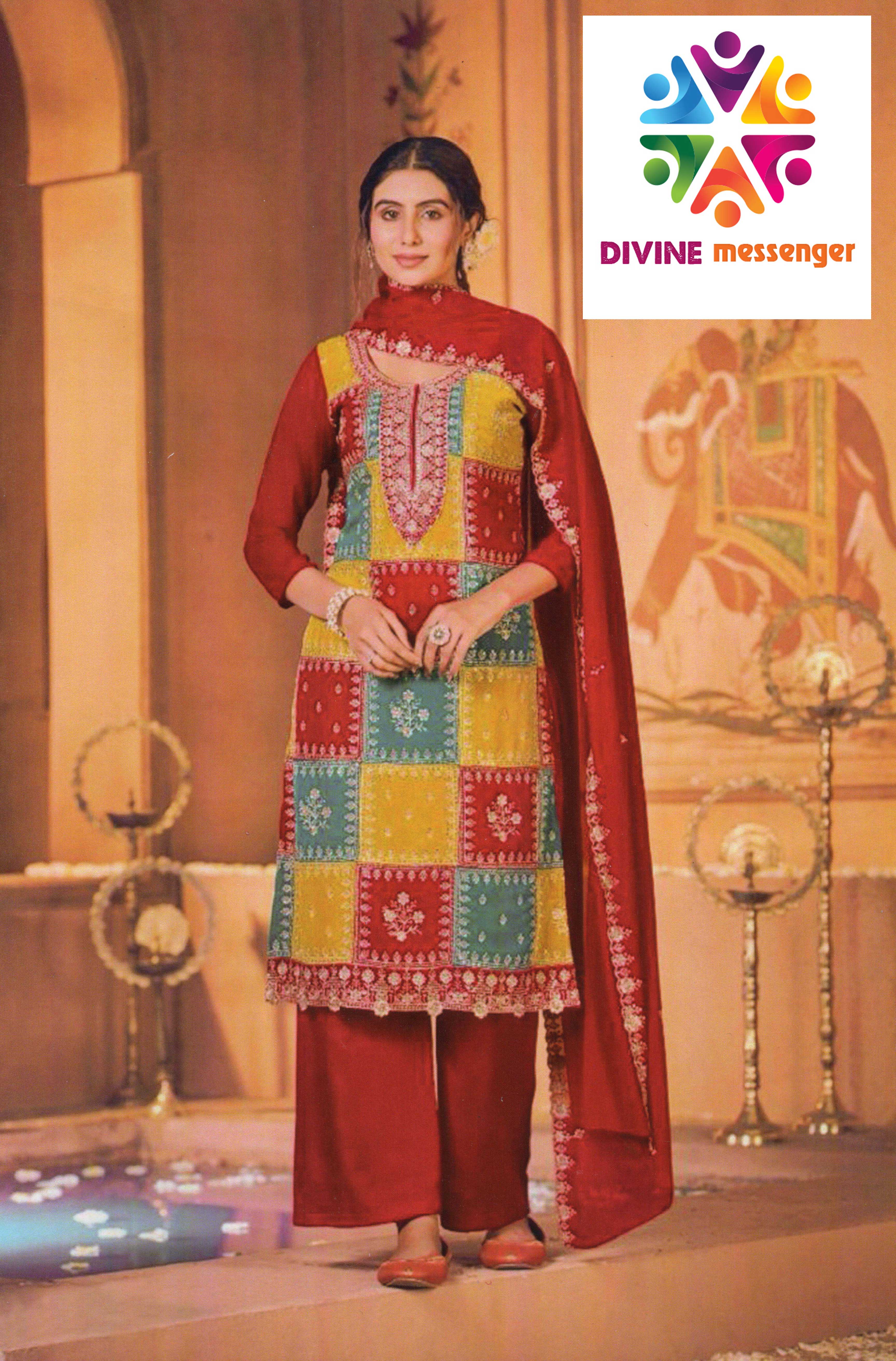 DIVINE MESSENGER Red Georgette embroidery DIVINE MESSENGER heavy sequins work Multi-colored stitching suits