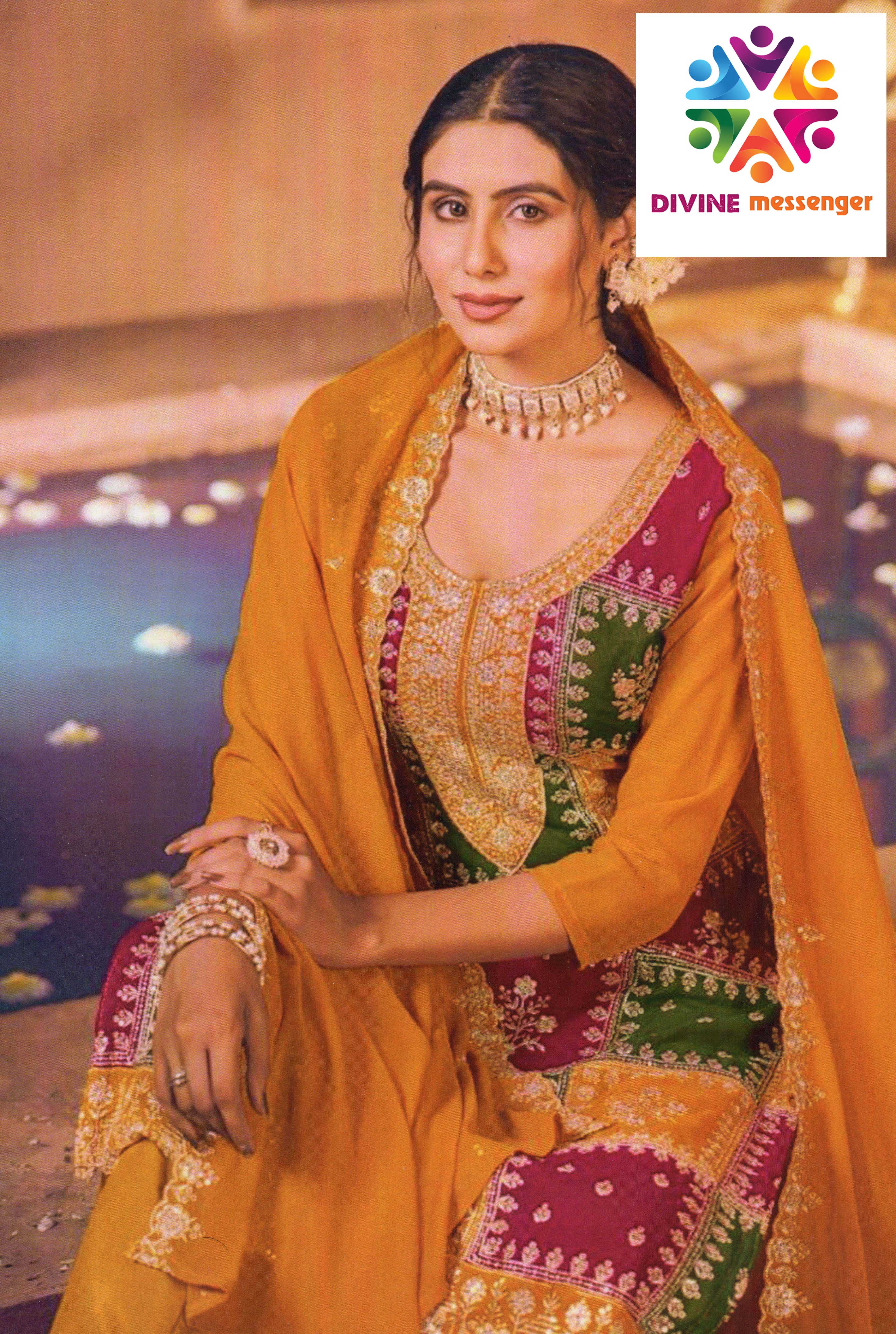 DIVINE MESSENGER Mustard Georgette embroidery heavy sequins work Multi-colored stitching suits