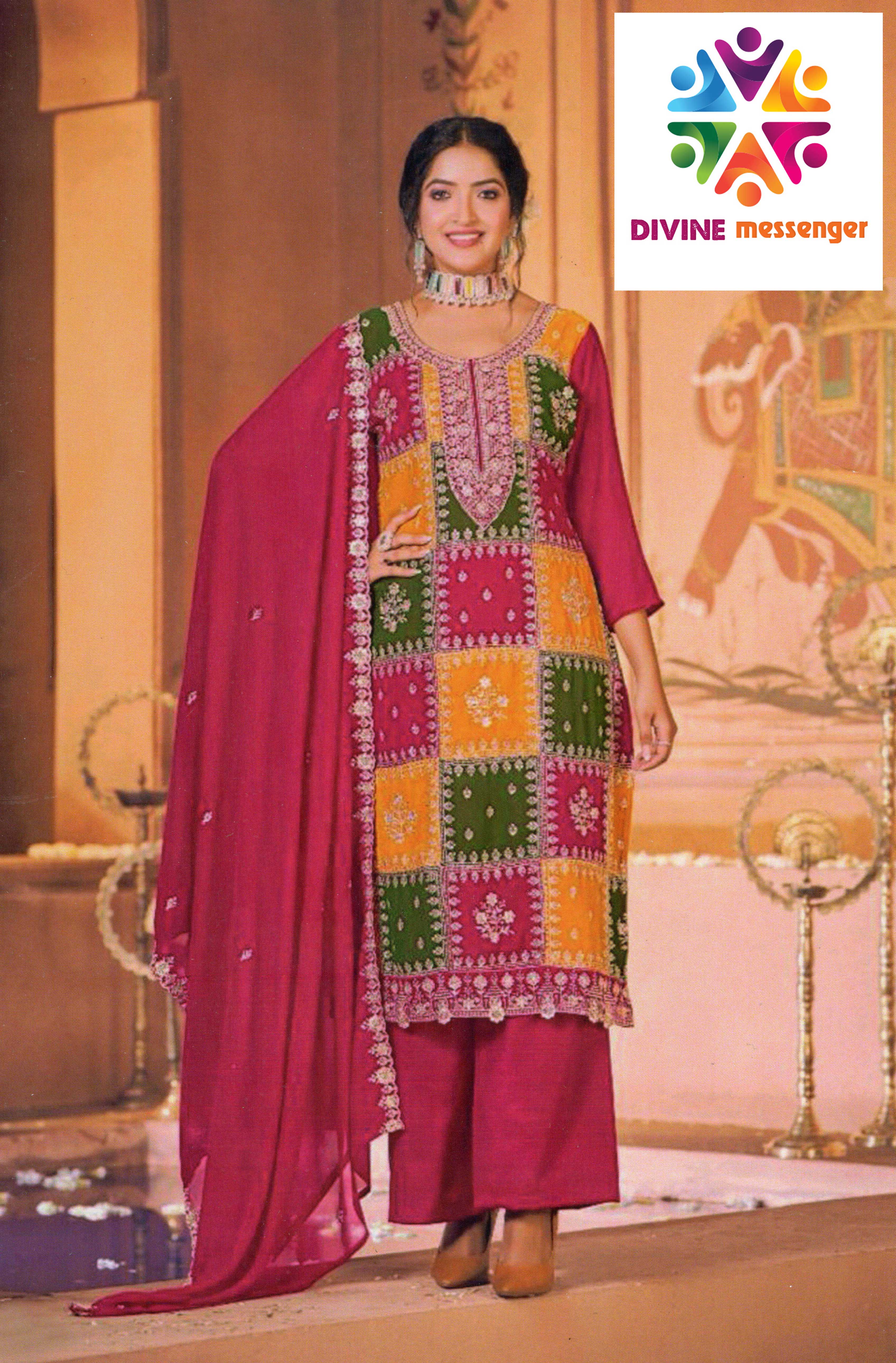 DIVINE MESSENGER Margenta Georgette embroidery heavy sequins work Multi-colored stitching