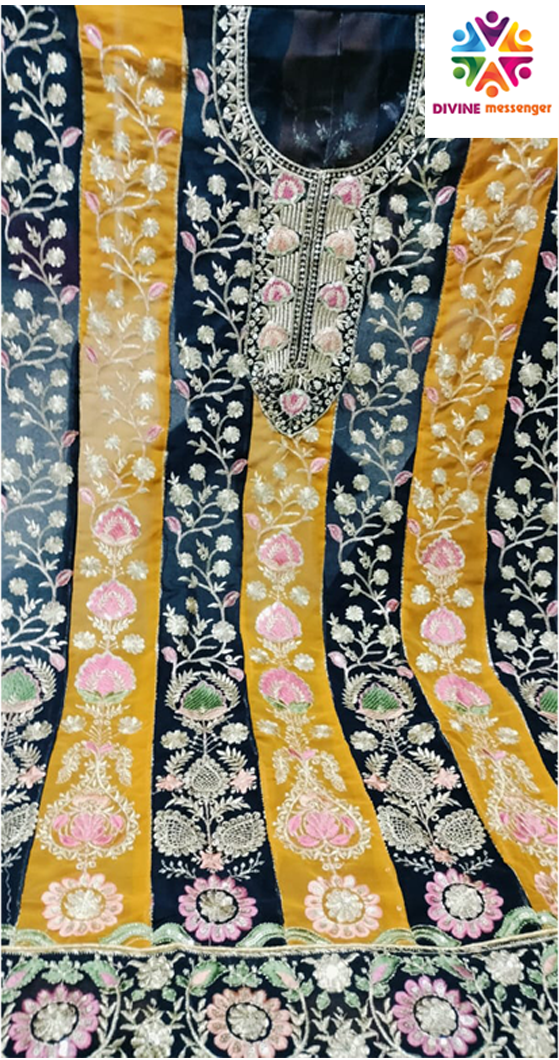 DIVINE MESSENGER Blue Georgette with beautiful embroidery work Multi-colored stitching
