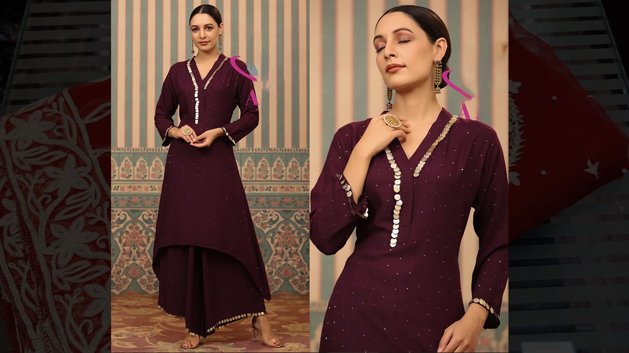 Divine fab Latest Suits | Rayon Falling Fabric Stitched Coord Set With Coin Work