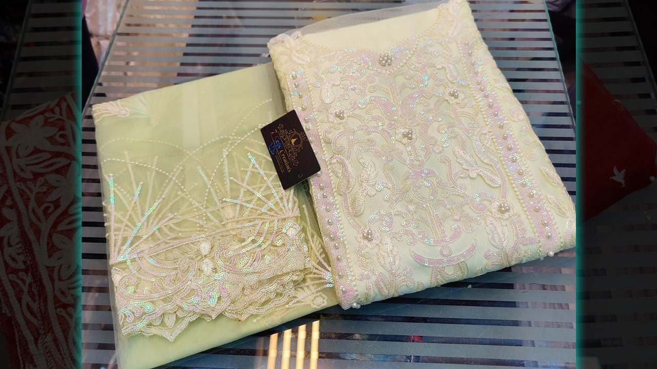 7 Seas Latest Ladies Suits | Super Net Beautiful Embroidery & Heavy Rainbow Sequins Work All Over