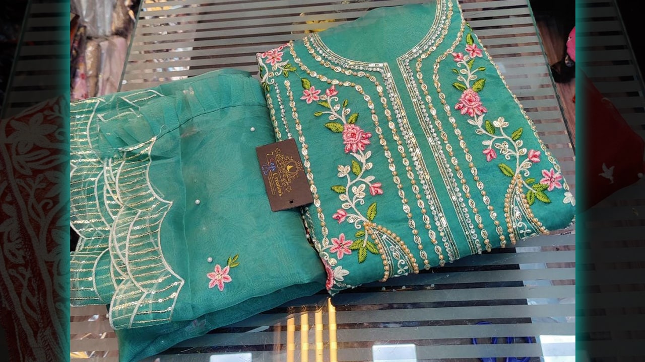 7 Seas 4 Beautiful Colours | Organza Multi-Colored Embroidery, Sequin, Mottis & Diamond Work