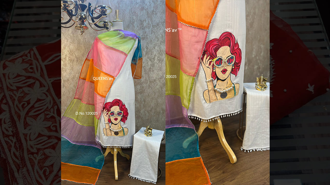 QUEENS'av Latest Ladies Suits | Pure Mul Cotton Sobar Glittery Shirt | Full Size | Hand Painted