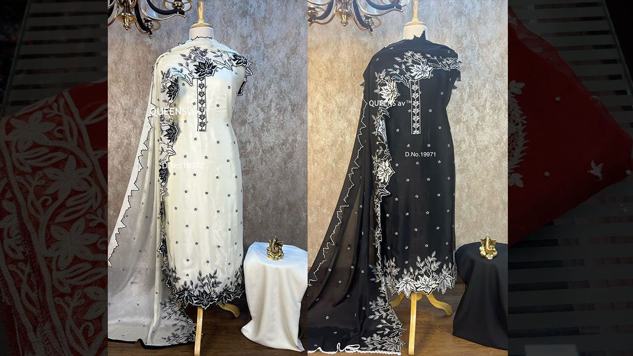 QUEENS'av Suits | Pure Chinon Shirt | Full size | Black & White in Colour | Thread Embroidery