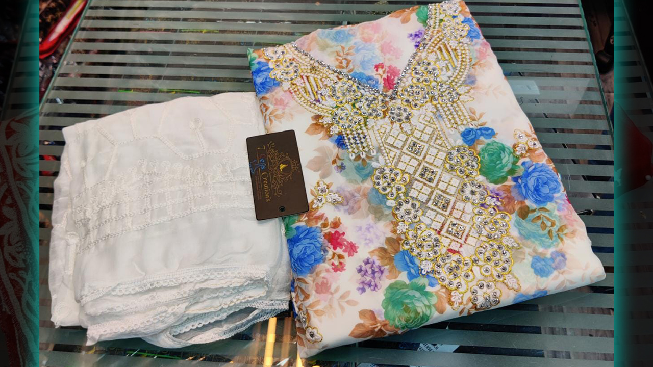 7 Seas Latest Suits | New Design | Georgette With Beautiful Embroidery Work & Digital Printing