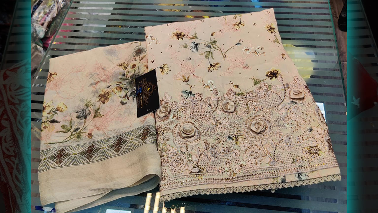 7Seas Creation's Suits | Pure Crepe Silk With Digital Printing All Over 3D Flowers Used On Daman