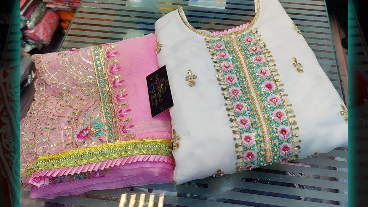 Stitched Organza Absolutely Gorgeous Multi-colored Embroidery, Sequins & Mottis Work All Over