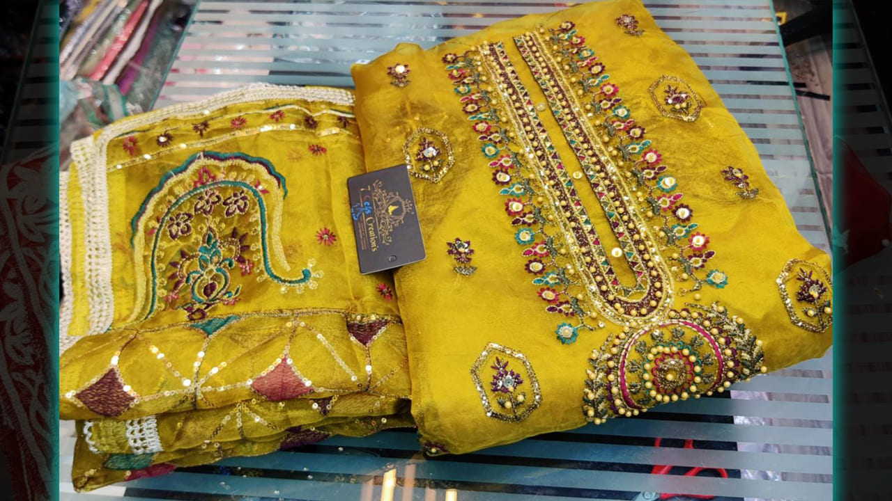7 Seas Creation's Suits | Organza Multi-colored Embroidery, Sequins, Mottis & Khatli Work All Over