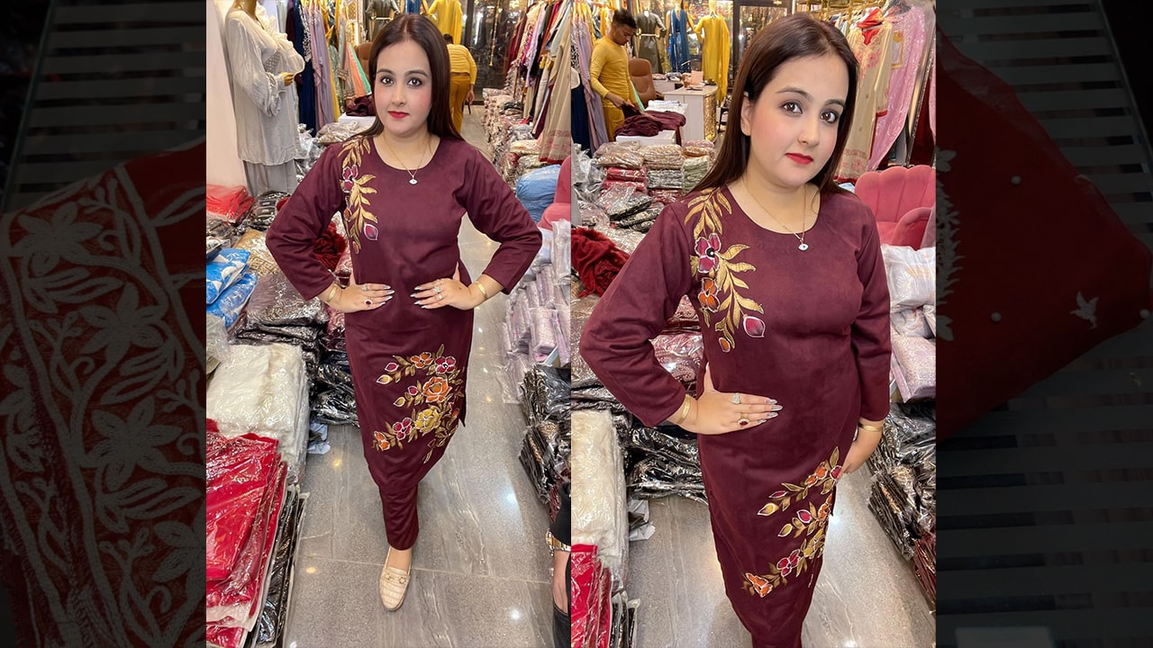 Divine Fab Latest Suits | Beautiful Suede Fabric Pant Set With Brush Paint With Cutdana Detailing
