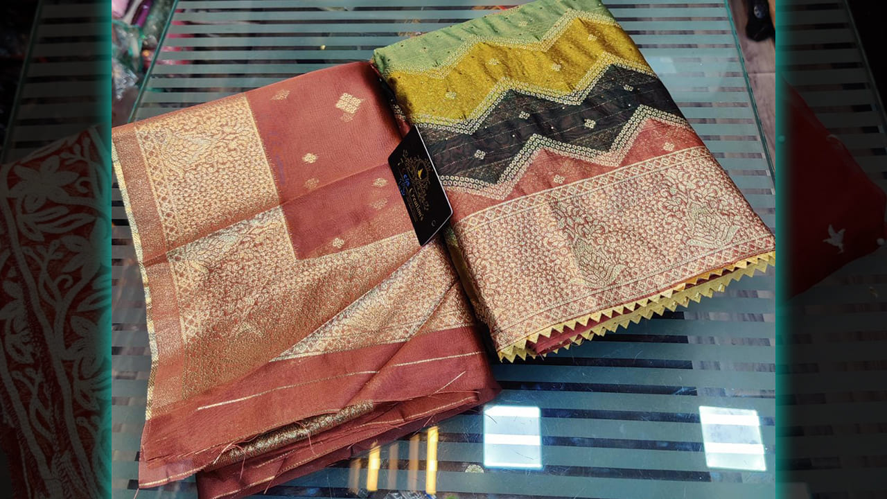 7 Seas Creation's Ladies Suits | Organza Beautiful Multi-Colored Print & Weaving All Over