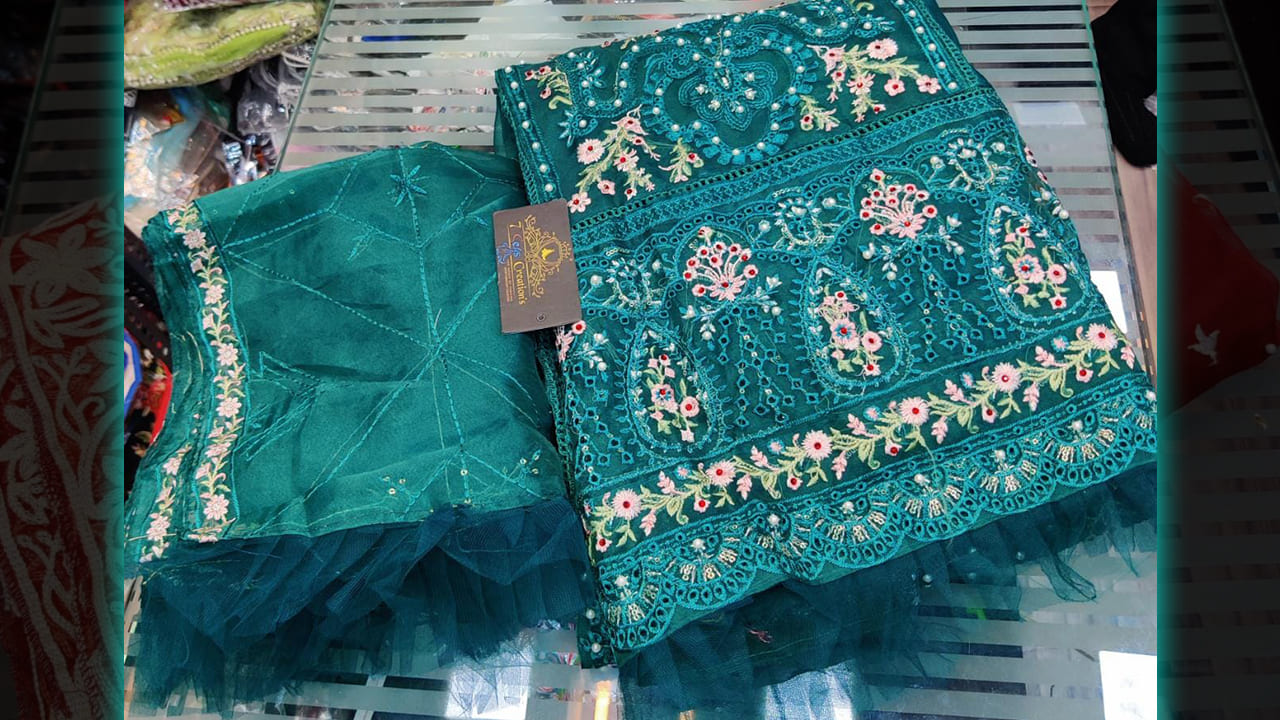 7 Seas Latest Suits | Heavy Multi-Colored Embroidery & Sequins Work On Daman With Frill