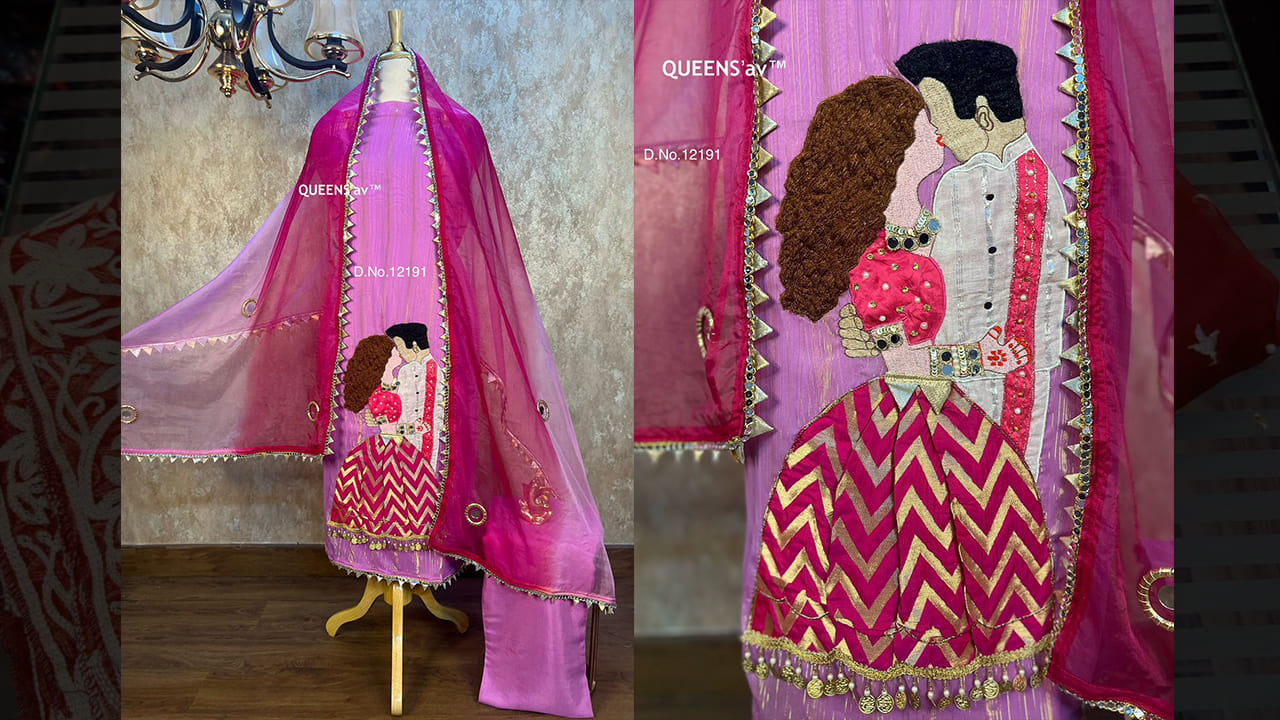 QUEENS'av Suits | Pure Mul Sobar Glittery Georgette Shirt | Lilac in Colour | Premium Hand Work Done