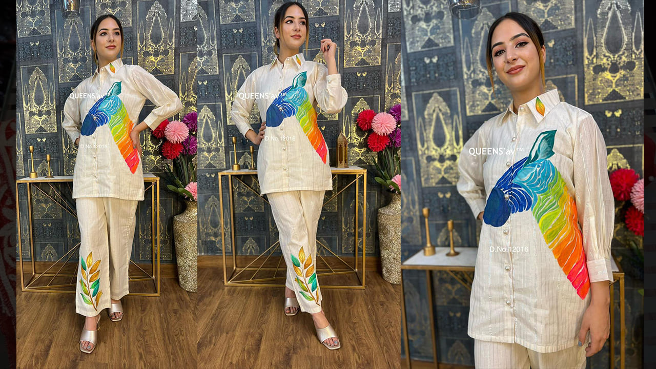 QUEENS'av | Super Comfortable Hand Painted coord Set | Pure Mul Cotton Sobar Glittery Collared Shirt