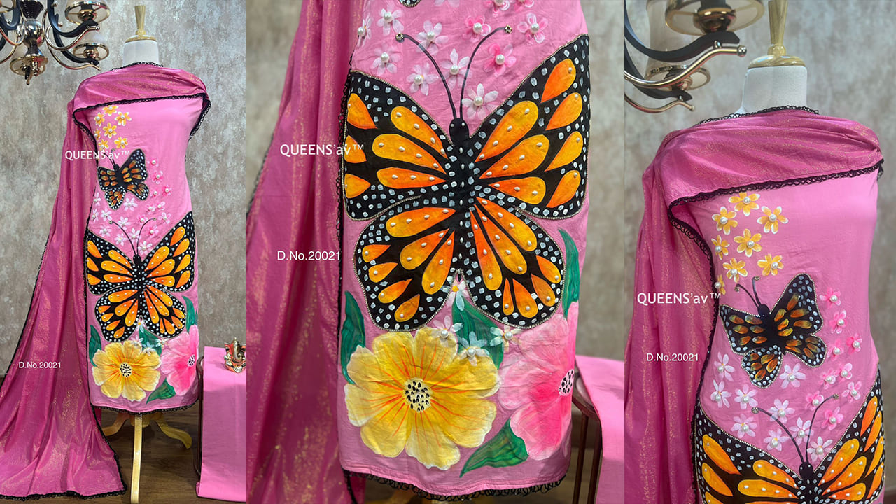 QUEENS'av Suits | Rich Pearl Hand Stitched Work | Mul Cotton Bottom | Glittery Designer Duppatta