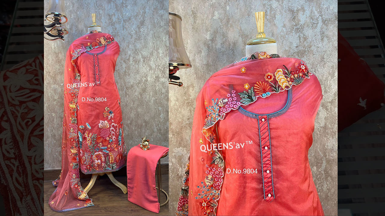 QUEENS'av Suits | Pure Tissue Organza Shirt | Size Upto 60 | Beautifully Thread Embroidered