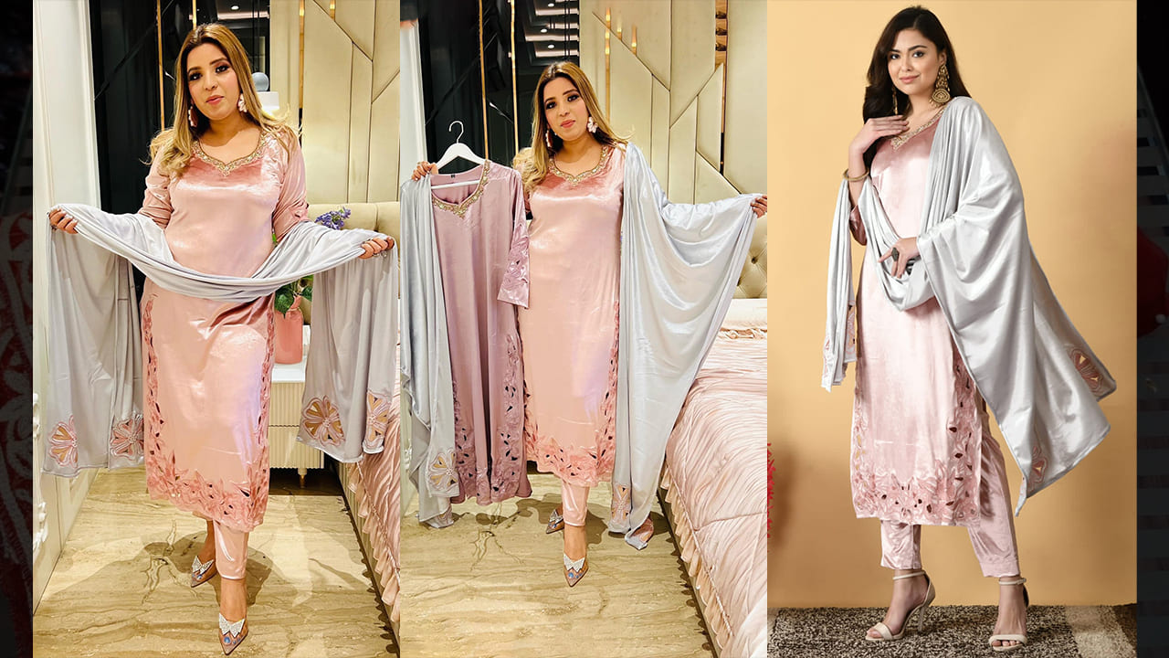 Divine Fab Latest Suits | Beautiful Velvet Stitched Suit With Applique Work
