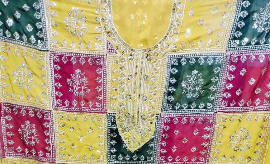 DIVINE MESSENGER Mustard Georgette embroidery heavy sequins work Multi-colored stitching ladies suits