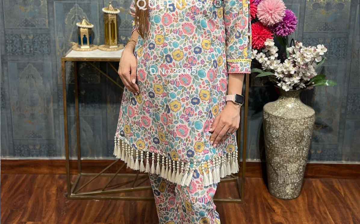 organic cotton top designer sleeves pearl hanging rich chrochet Comfortable full elastic plazo pants