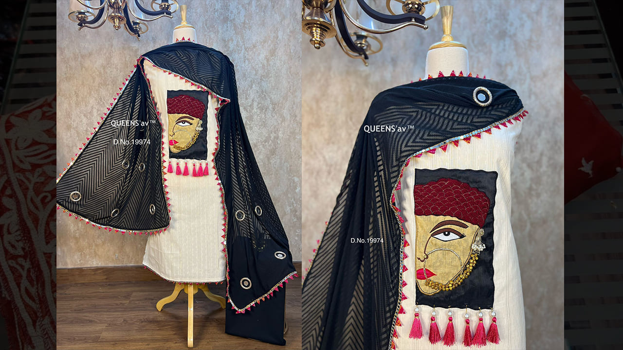 QUEENS'av Suits | Pure Mul Self Cotton Sobar Glittery Shirt | Premium Hand Work Done | Ghungroo Work