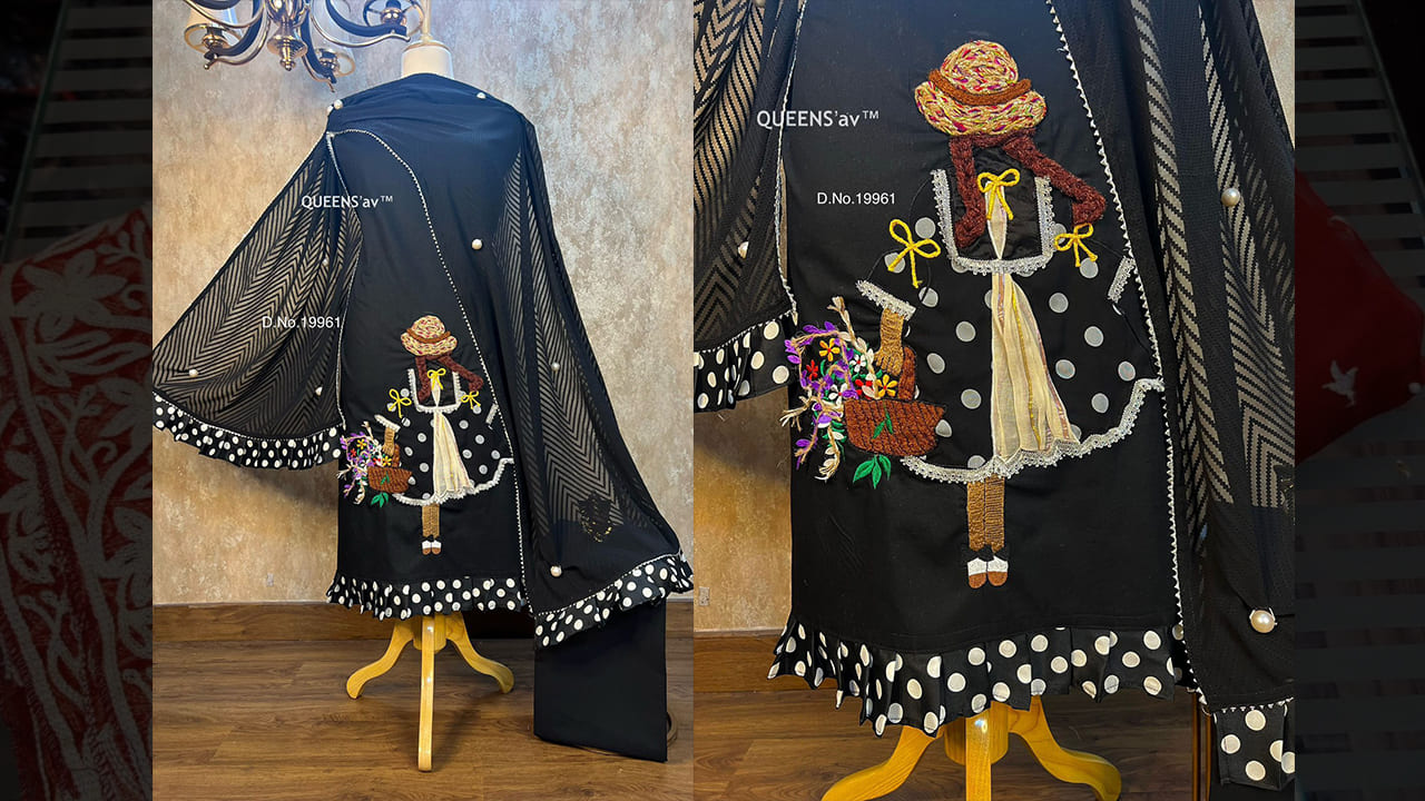 QUEENS'av Suits | Pure Mul Cotton Shirt | Remium Jute Chrochet Work | Designer Polka Dots Frills