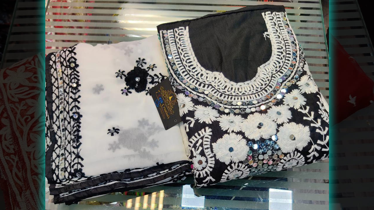 7Seas Creation's Suits | Chinnon Silk With Phulkari Embroidery Work & Original Mirror Work All Over