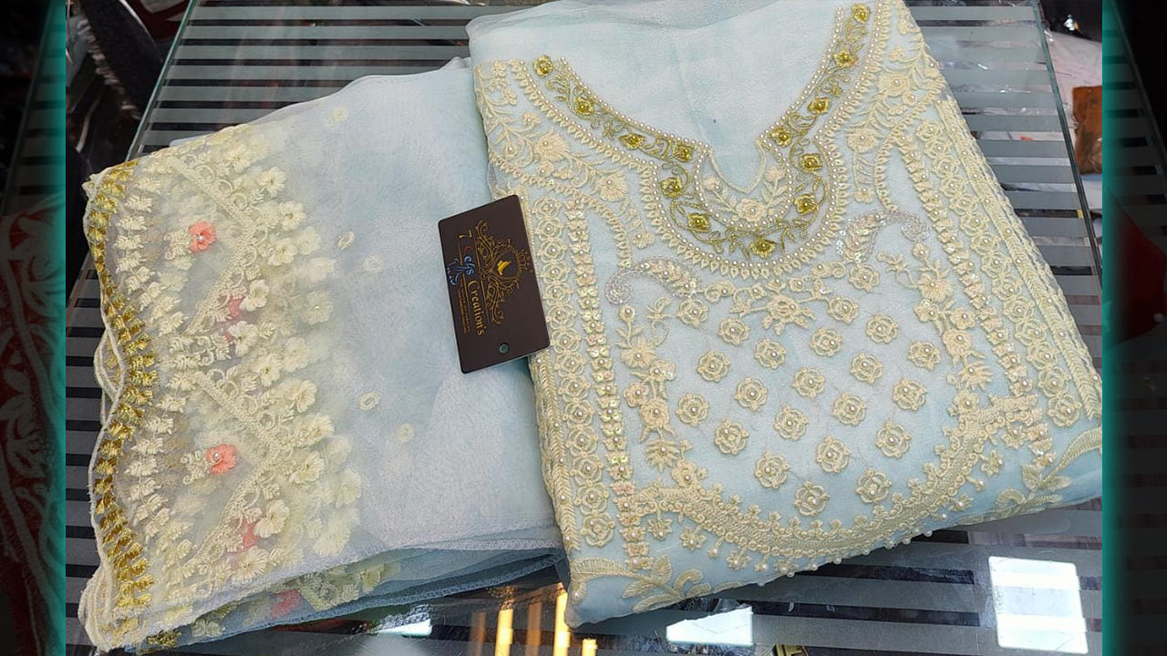 7 Seas Latest Suits | Organza Beautiful & Heavy Embroidery Work All Over Mottis Work All Over