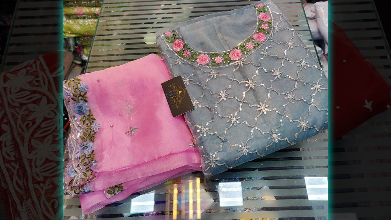 7 Seas Latest Suits | Organza Beautiful Multi-Colored Embroidery On Neck & Sequins Work All Over