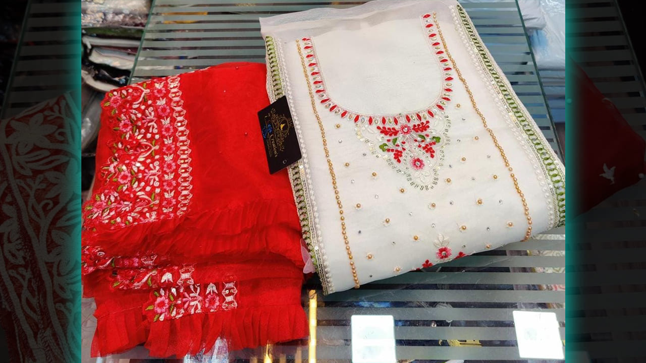 7 Seas Creations Suits | Organza Beautiful Multi-Colored Embroidery & Heavy Sequins Work All Over