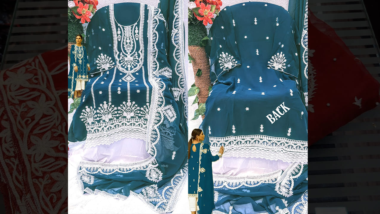 Divine Fab Suits | Fox Georgette Embroidery Work In Front, Sleeves And Also In Back