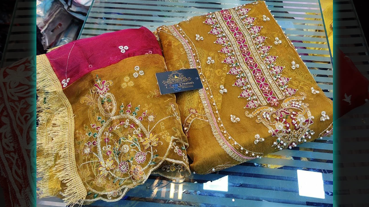 7 Seas Latest Suits | Organza Beautiful Multi-Colored Embroidery, Sequins & Mottis Work All Over