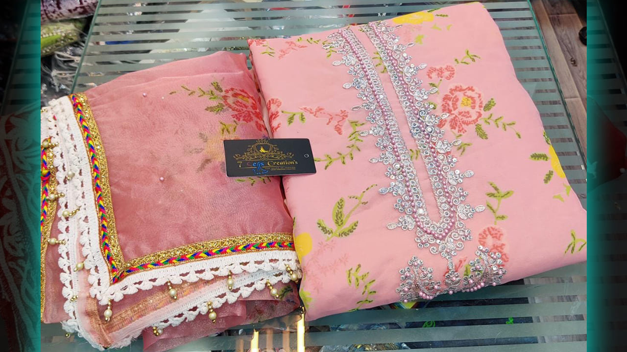 7 Seas Latest Suits | Georgette Mottis Work All Over & Fancy Banarsi Border With Heavy Latkans Lace