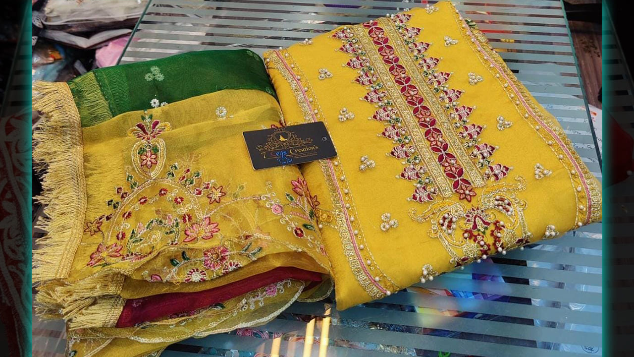 7 Seas Suits | Organza Multi-Colored Embroidery, Sequins & Mottis Work All Over