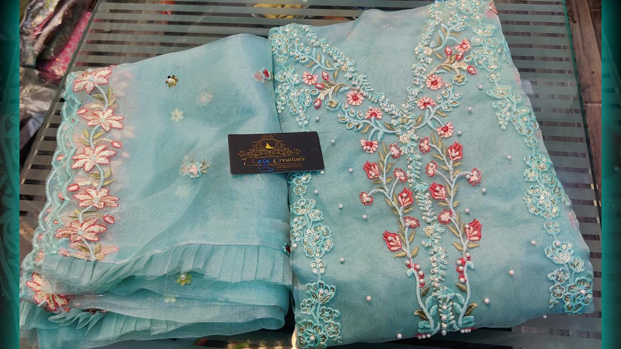 7Seas Top Suits | Organza With Absolutely Multi-Colored Embroidery, Sequins & Mottis Work All Over