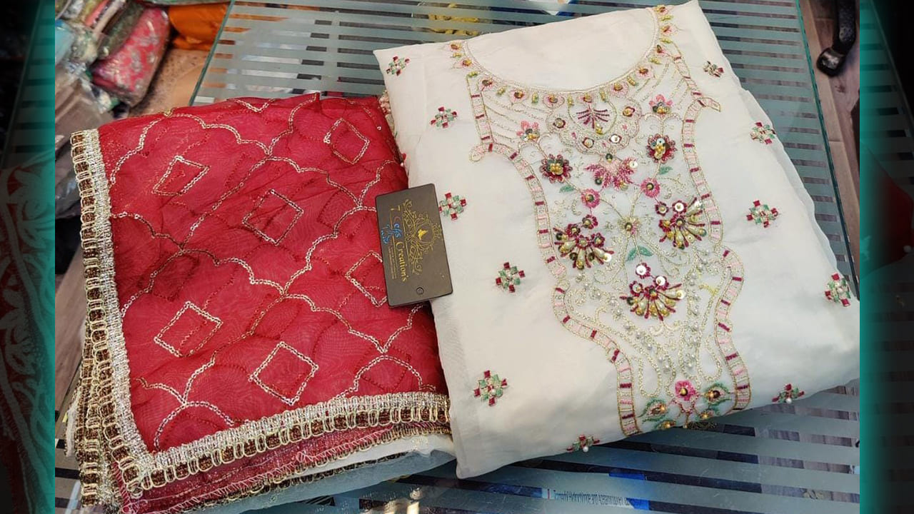 Organza With Multi-Colored Embroidery & Sequins Work All Over | Both Sided Heavy Embroidered Border