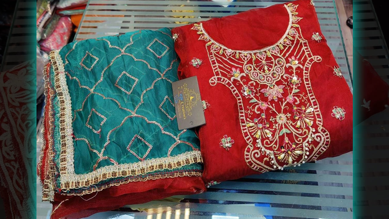 7Seas Creation's Suits | Organza With Multi-colored Embroidery, Sequins, Mottis & Handwork