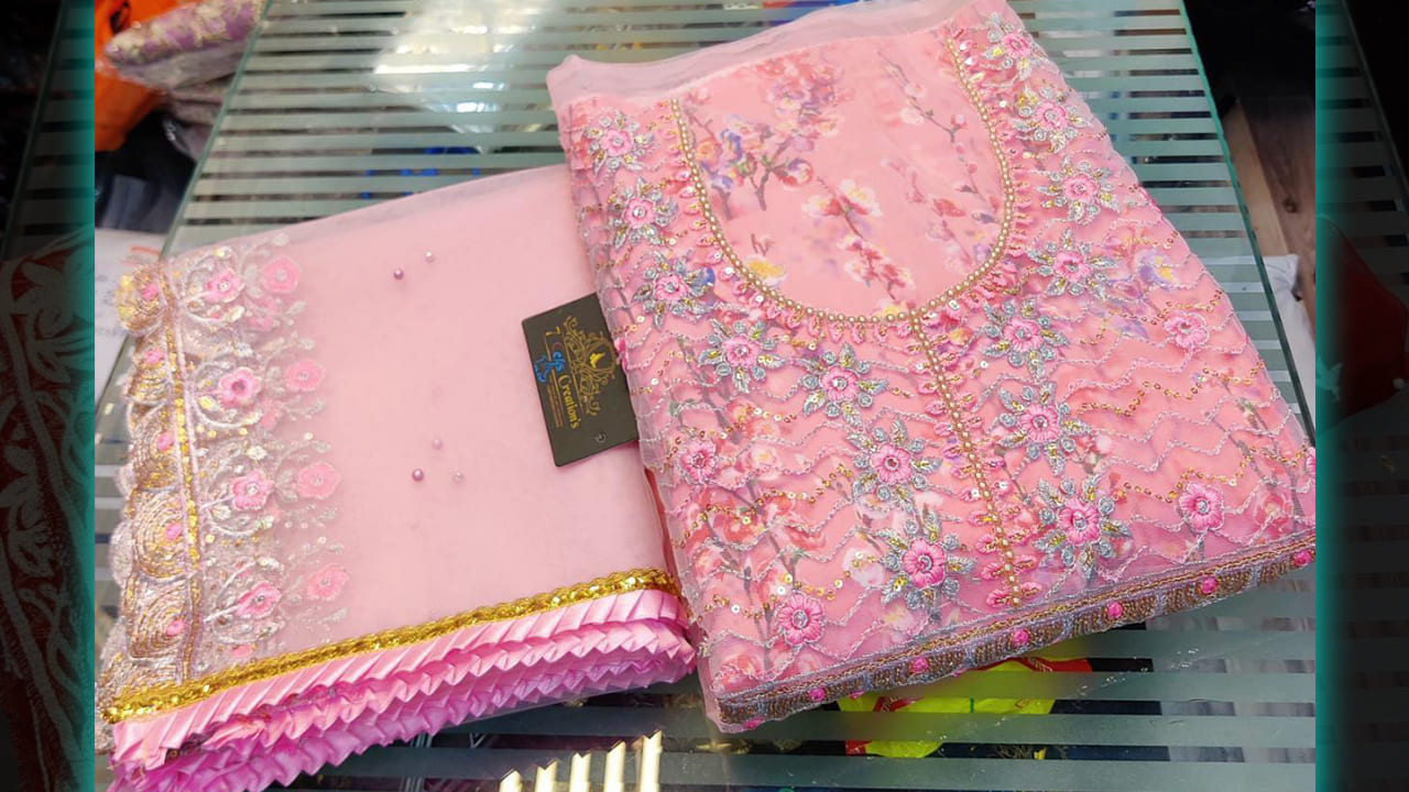 7Seas Creation's Suits | Multi-Colored Embroidery, Mottis Work On Neck, Diamond & Heavy Sequin Work