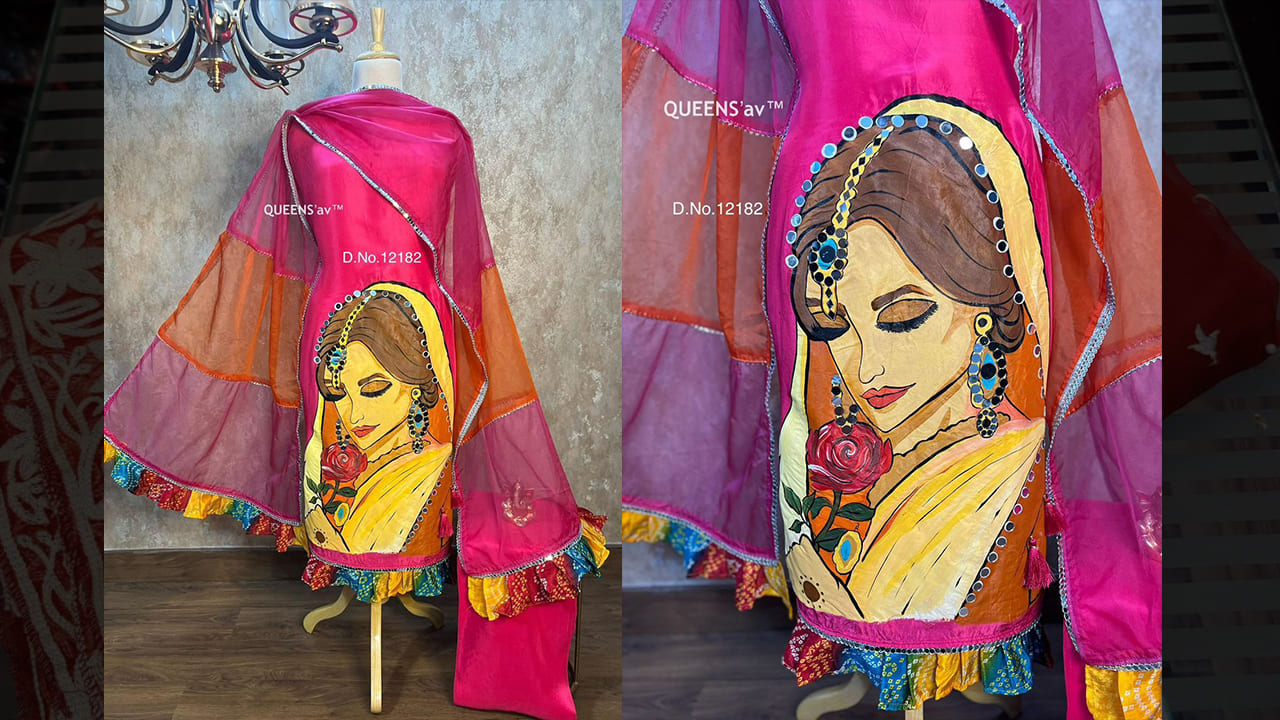 QUEENS'av Latest Suits | Pure Mul Silk Shirt | Hand Painted | Real Mirror Work | Beautifully Done