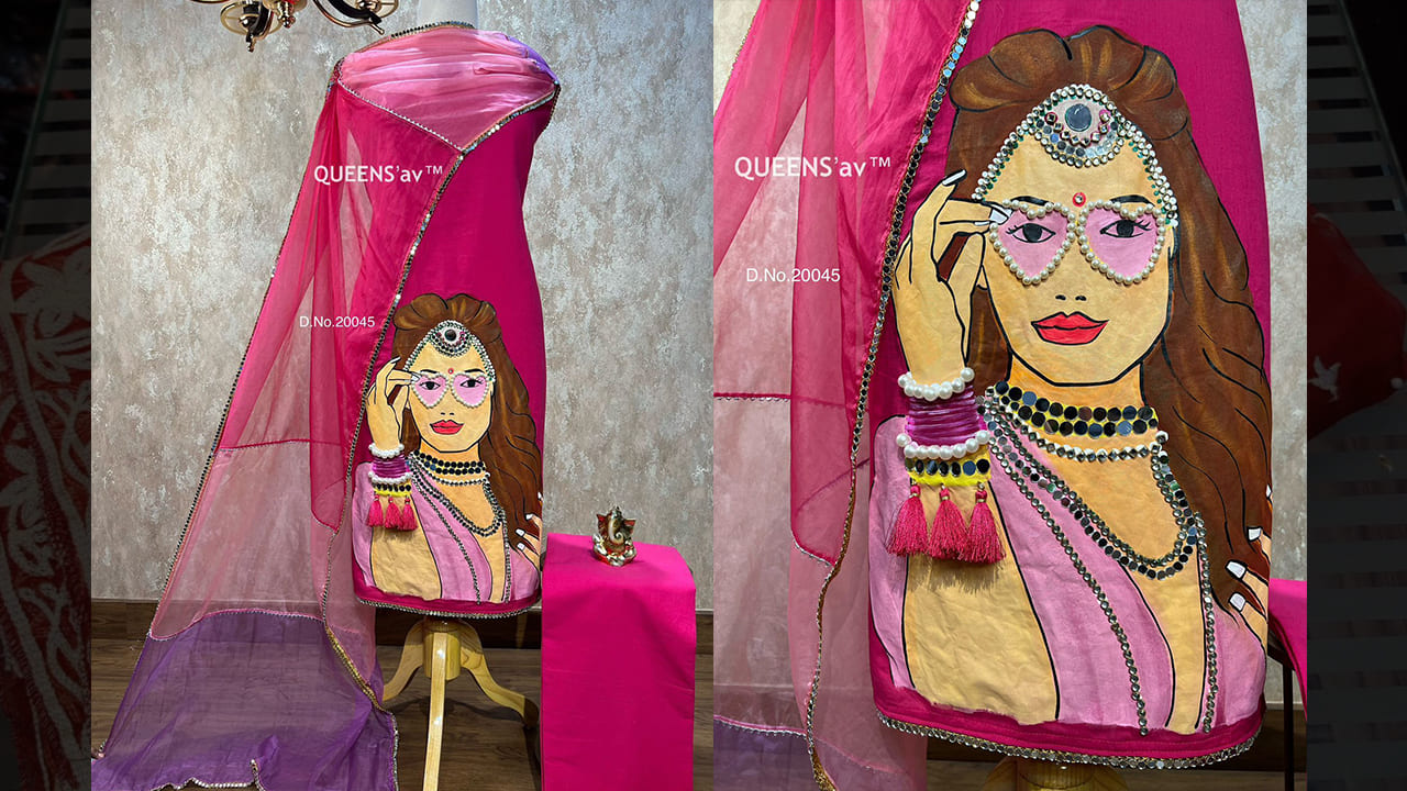 QUEENS'av Suits | Pure Organza Designer Duppatta | Mirror Work On Four Sides | Beautifully Done