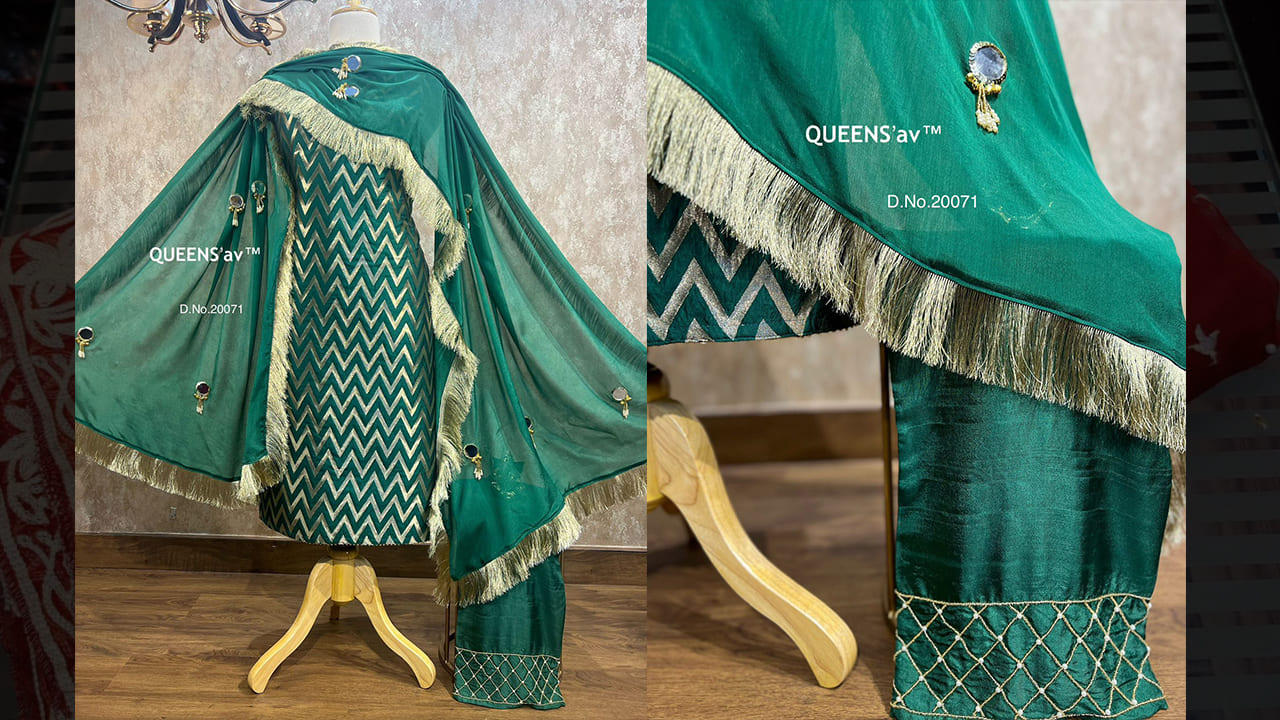 QUEENS'av Suits | Chinon Duppatta | Rich Mirror Work | Rich Hangings | Four Sides Heavy Gota Fringes