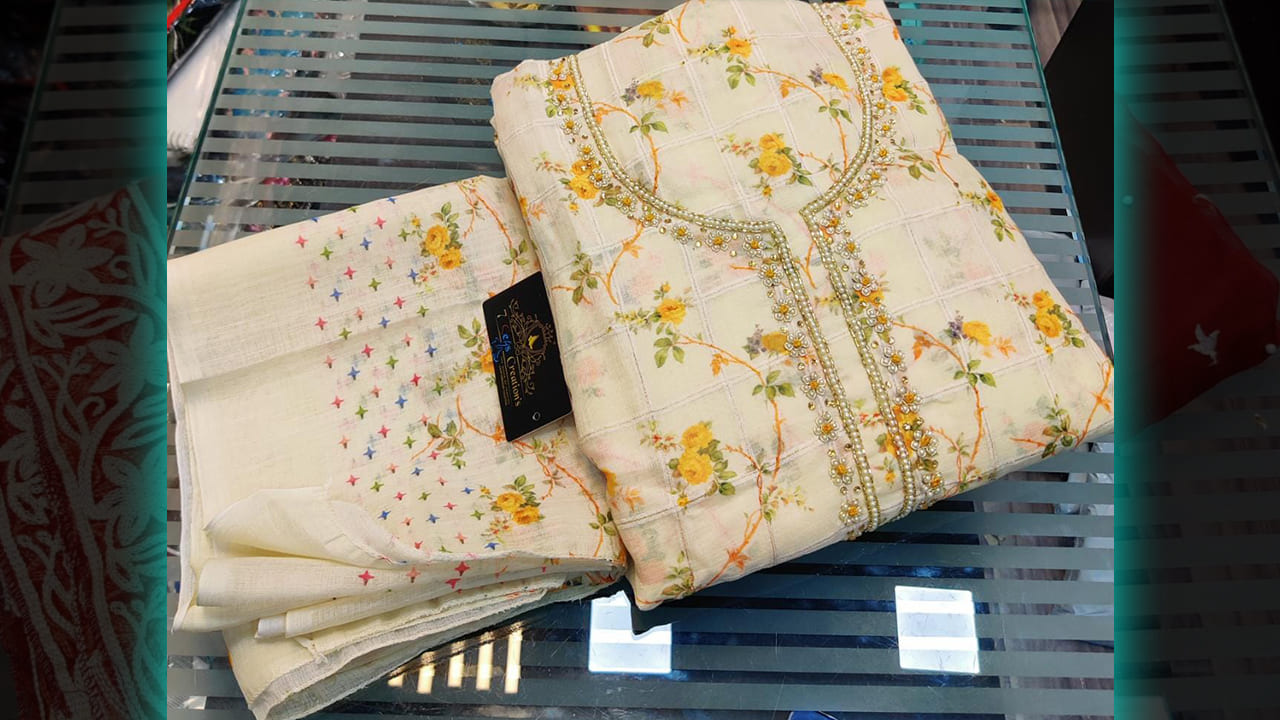 7Seas Creation's Suits | Chanderi Cotton With Self Chex Weaving Digital Printing & Handwork On Neck