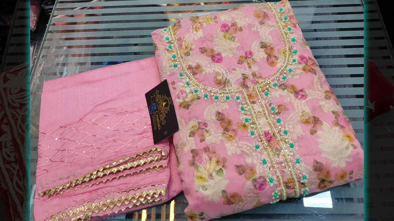 7 Seas Creation's Suits | Banarasi Silk Weaving & Digital Printing All Over | Heavy Handwork On Neck