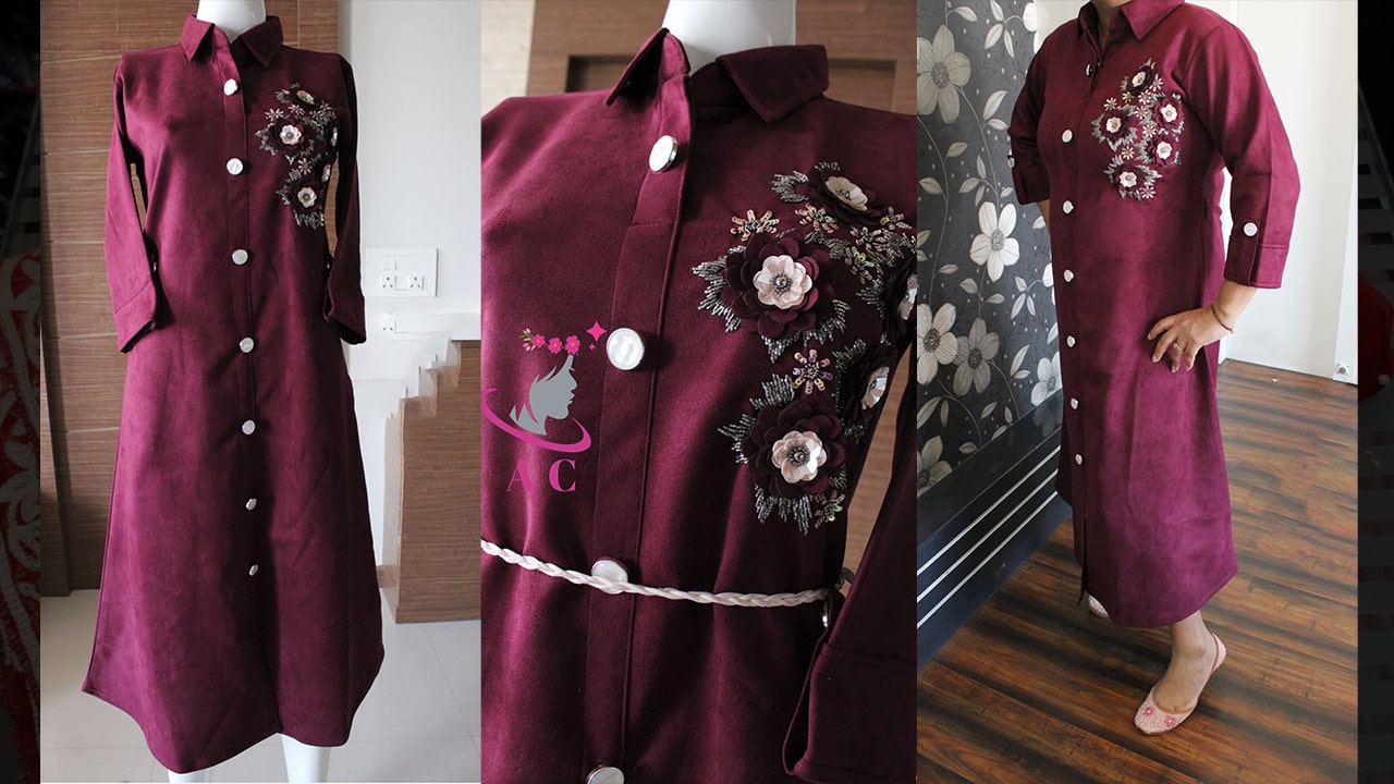 Divine Fab Latest Ladies Dress | Beautiful Suede Dress With Handwork on D Front