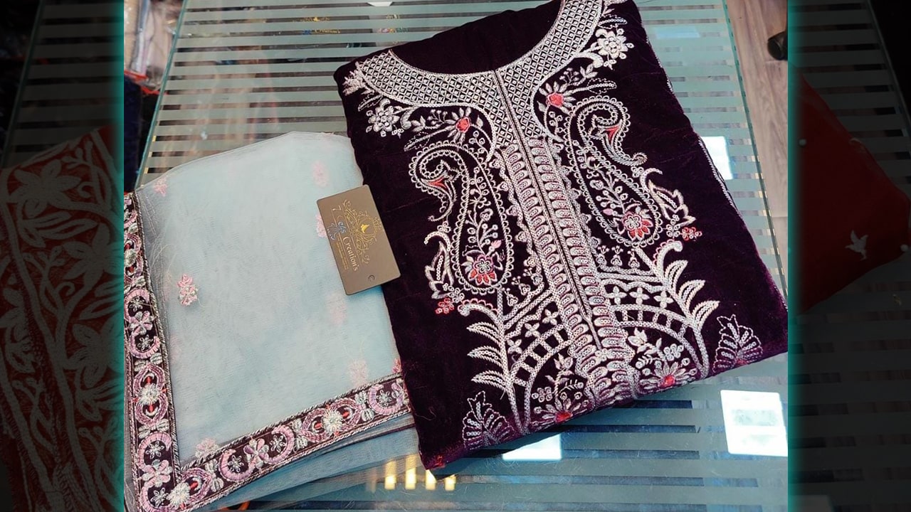 Divine Fab Suits | Pure 9000 micro velvet with Multi-colored embroidery & Sequins work all over