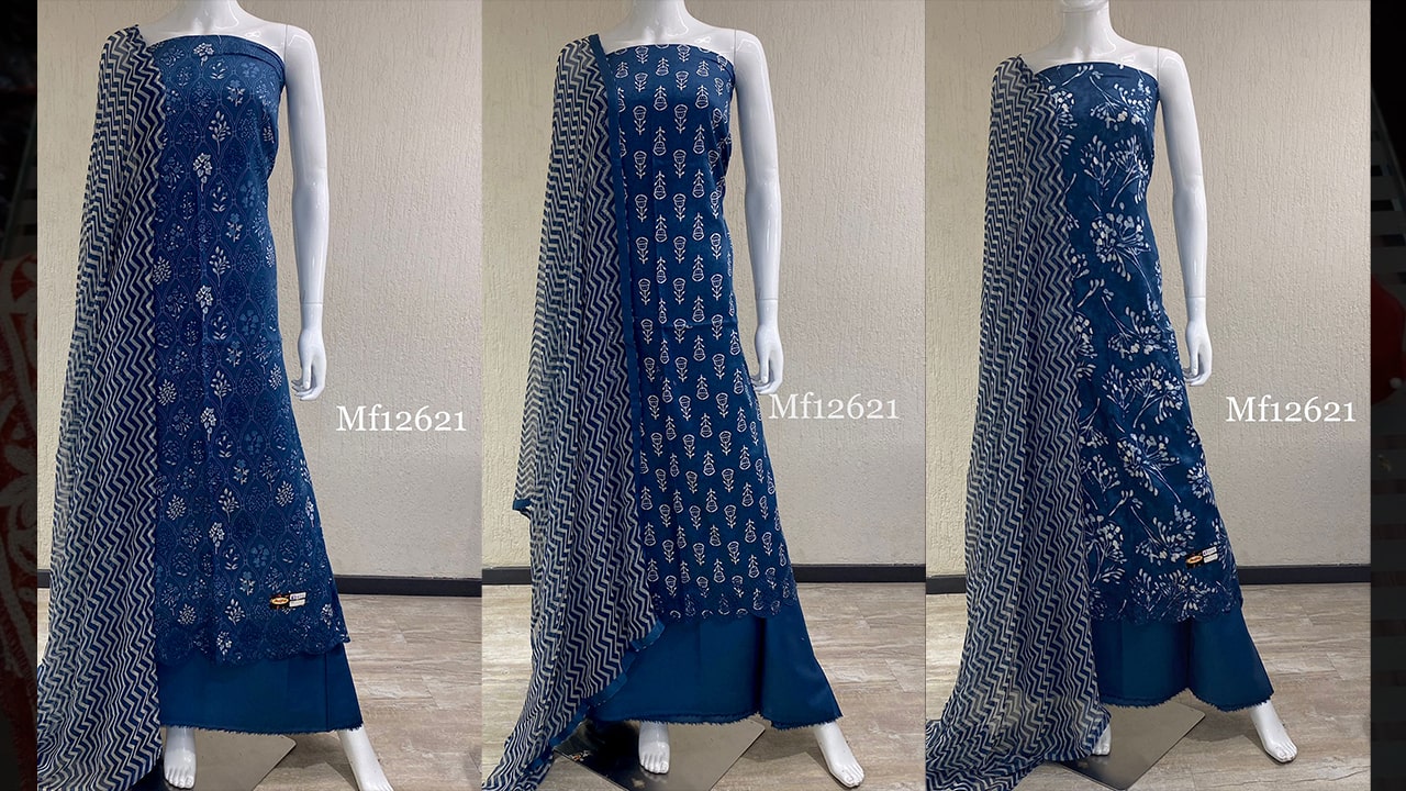 Divine Fab Ladies Suits | Pure Cotton Satin Cutwork Embroidered Pure Chiffon Printed Dupatta